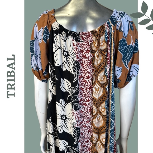 Tribal Dress With Bubble Sleeves Swimsuit Cover Up Black Brown Blue - Picture 7 of 8